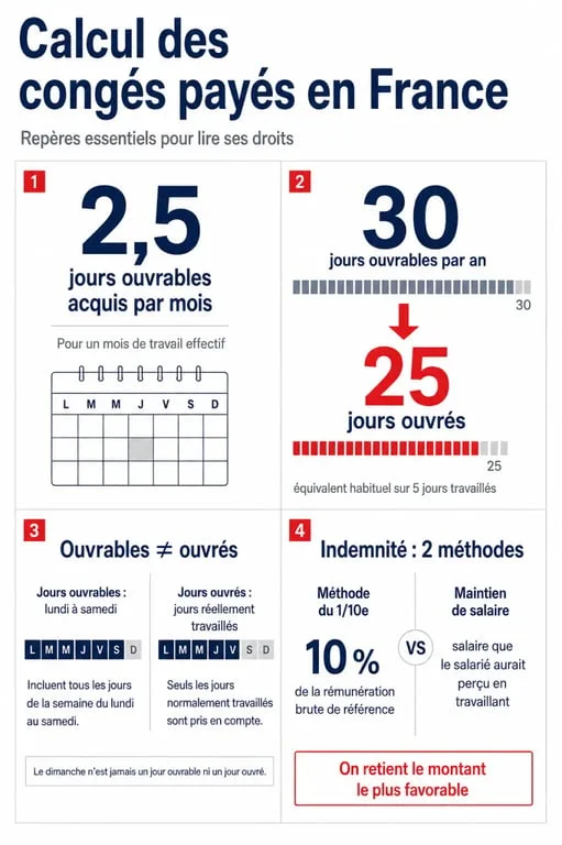 Calcul des congés payés en France : 2,5 jours par mois, 30 jours ouvrables et comparaison 1/10e vs maintien de salaire
