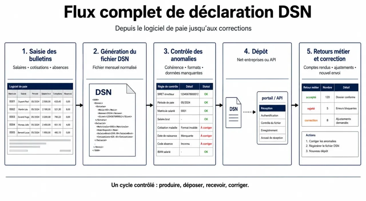 Comment déclarer la DSN sur logiciel de paie : schéma du flux de génération, contrôle, dépôt et correction