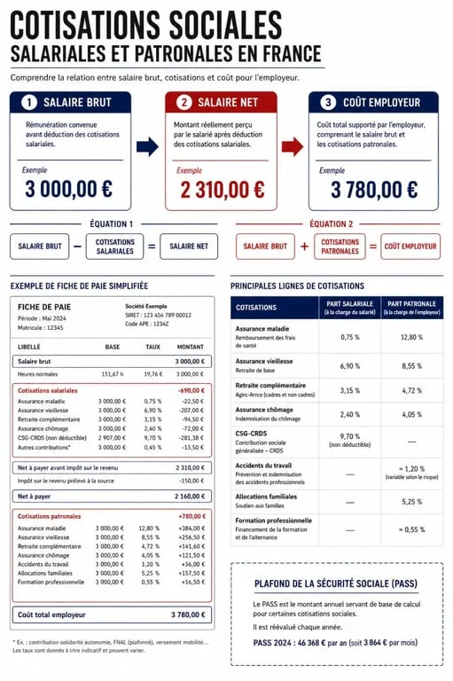 Cotisations sociales salariales et patronales : schéma du brut, du net et du coût employeur