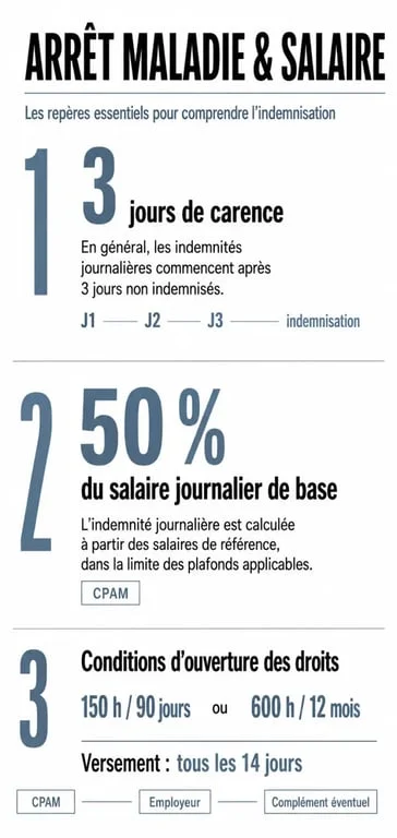 Infographie sur l'arrêt maladie salaire avec carence, calcul et plafonds