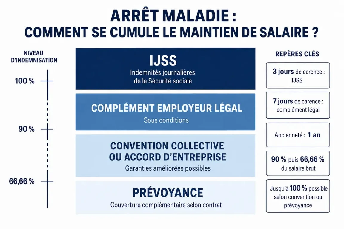 Maintien de salaire a 100 % en arret maladie : schéma des IJSS, du complément employeur, de la convention collective et de la prévoyance
