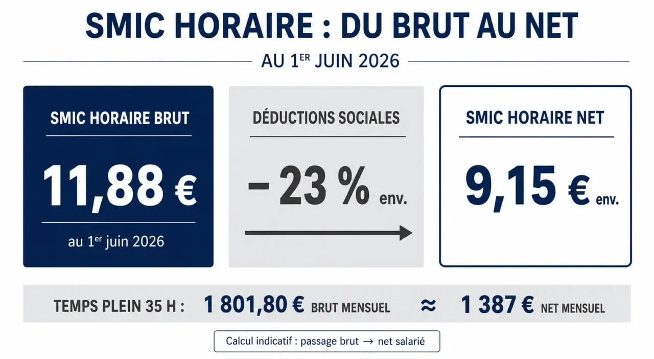 Infographie du smic horaire brut en net avec comparaison brut, net et montant mensuel estimé