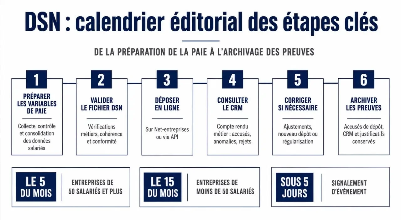 Déclaration DSN : frise chronologique des étapes, des délais et des contrôles