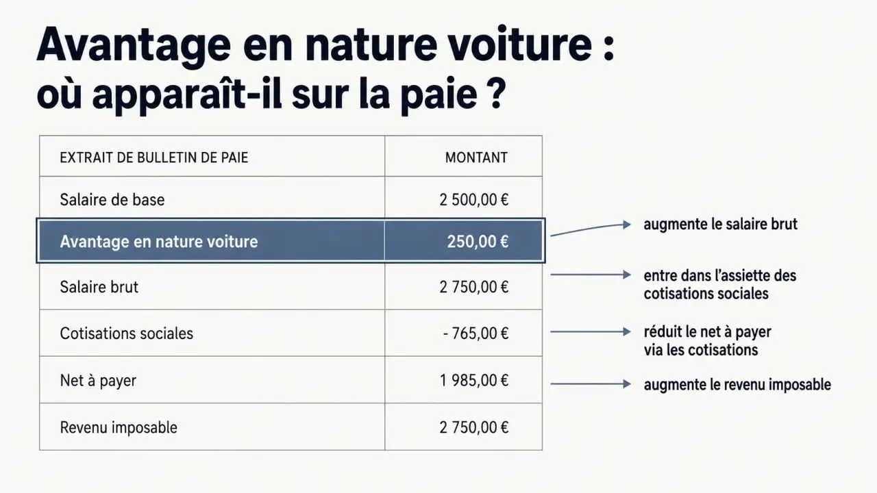 Avantage en nature voiture sur un bulletin de paie annoté avec impact sur le brut, les cotisations et le net à payer