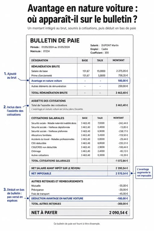 Avantage en nature voiture fiche de paie : bulletin de salaire annoté montrant la ligne d'avantage en nature et son impact sur le brut et le net imposable
