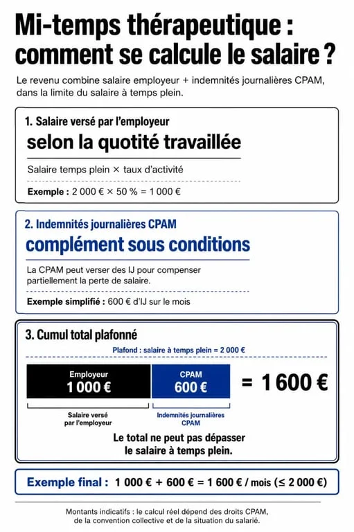 Calcul du salaire en mi-temps therapeutique avec salaire employeur, IJSS de la CPAM et cumul total