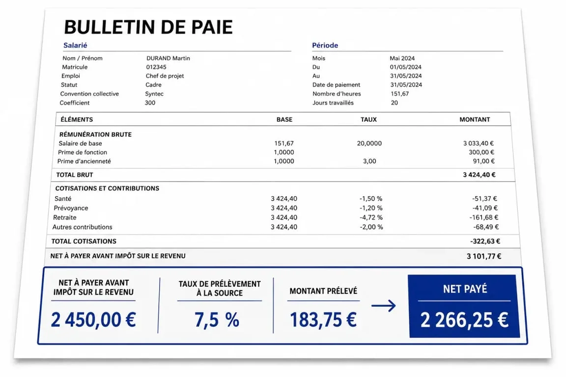 Prélèvement à la source sur le bulletin avec repérage des lignes net à payer, taux et montant retenu