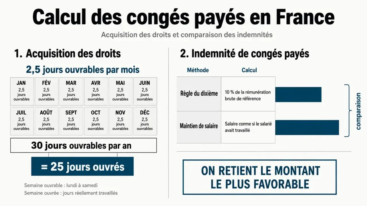 Calcul des congés payés avec comparaison des jours ouvrables, jours ouvrés et des deux méthodes d’indemnisation