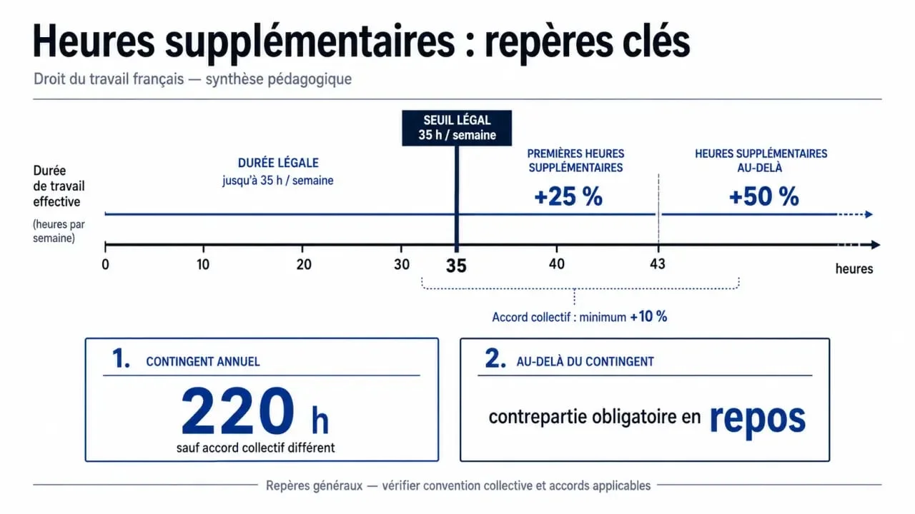 Paiement des heures supplémentaires : seuil 35 h, majorations 25 % et 50 %, contingent annuel et repos compensateur