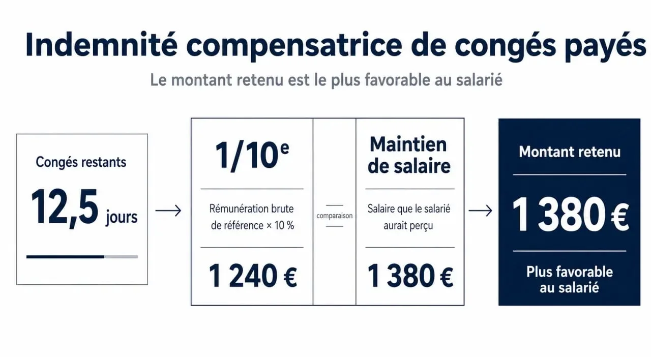 Calculer indemnité compensatrice congés payés : comparaison visuelle entre 1/10e et maintien de salaire