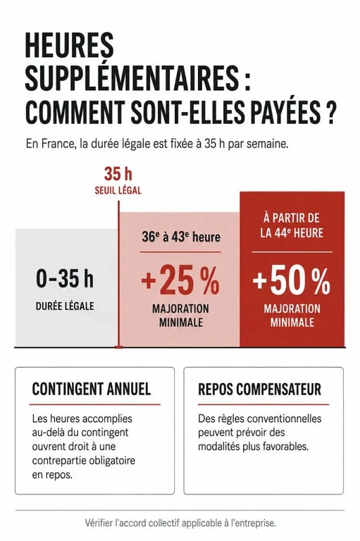 Comment sont payés les heures supplémentaires : infographie des majorations à 25 % et 50 %