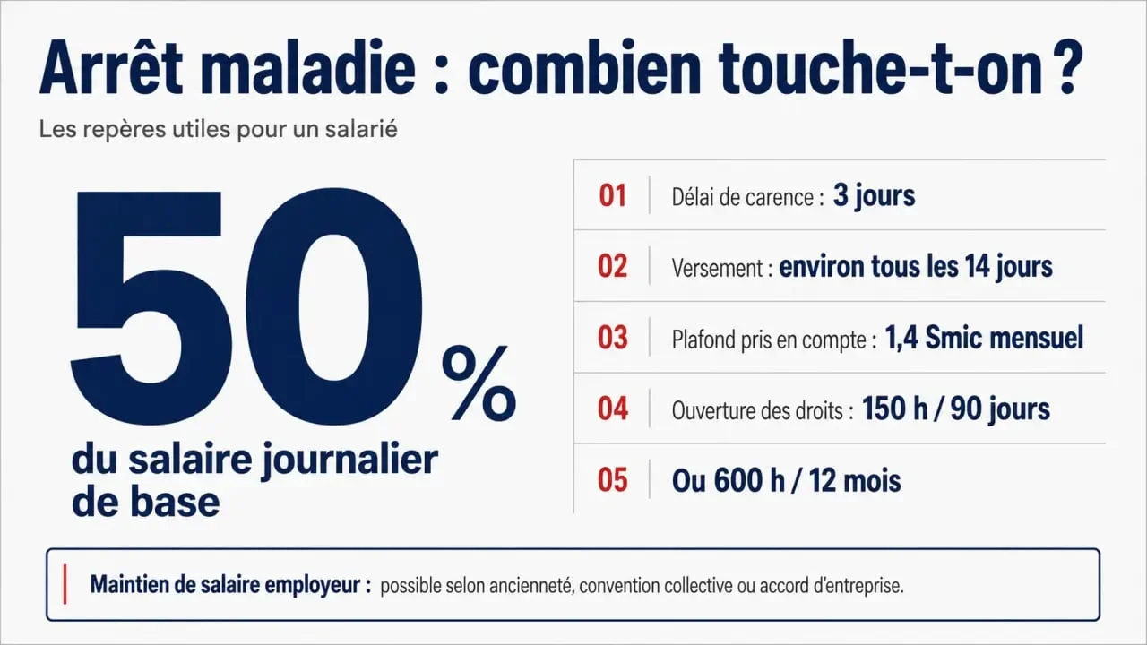 Arrêt maladie salaire : schéma des indemnités journalières, carence de 3 jours et plafond 1,4 Smic