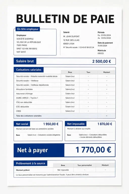 Comprendre sa fiche de paie avec un bulletin annoté montrant brut, net social, net imposable et prélèvement à la source